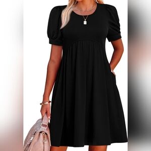 Womens Short Puff Sleeve Dress, Round Neck, Empire Waist Dress